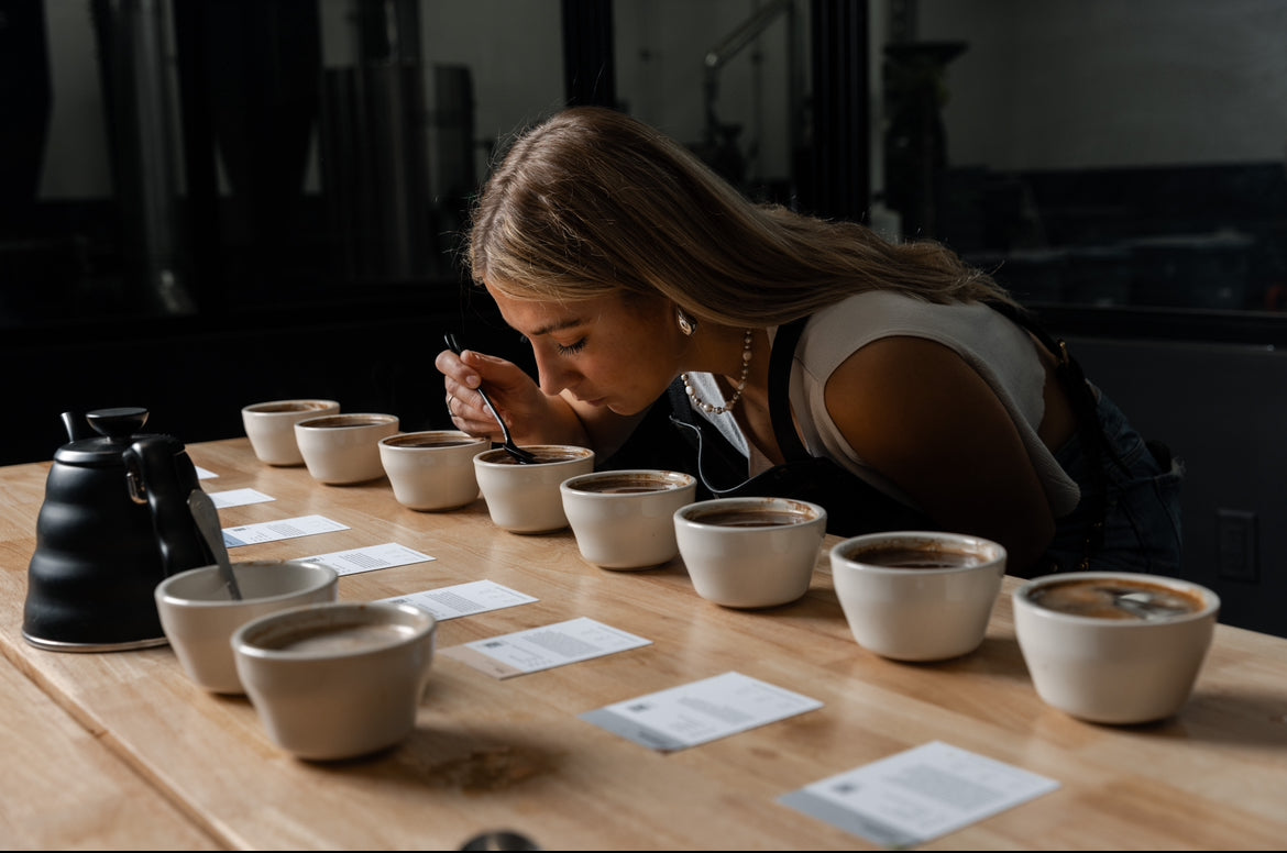 A person smelling cups of coffee and their flavors
